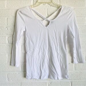 Ambiance White Long Sleeve Top with CrissCross Back Form Fitted Y2K Vneck Summer